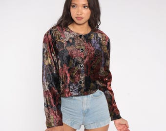 Chaqueta abstracta de los 90 con botones delanteros cortos, multicolor, rojo, morado, dorado, negro, metálico, estampado artístico, estilo Whimsigoth, grunge, alternativo, talla mediana, M