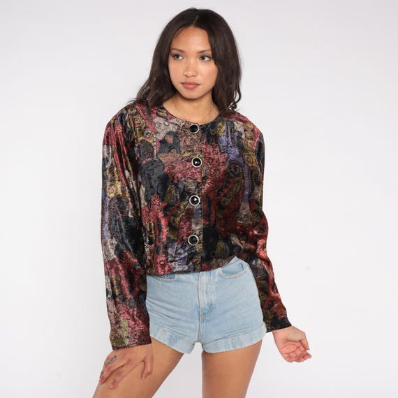 90s Abstract Jacket Cropped Button Front Multicolor Red Purple Gold Black Metallic Art Pattern Whimsigoth Grunge Alternative 10 Medium M