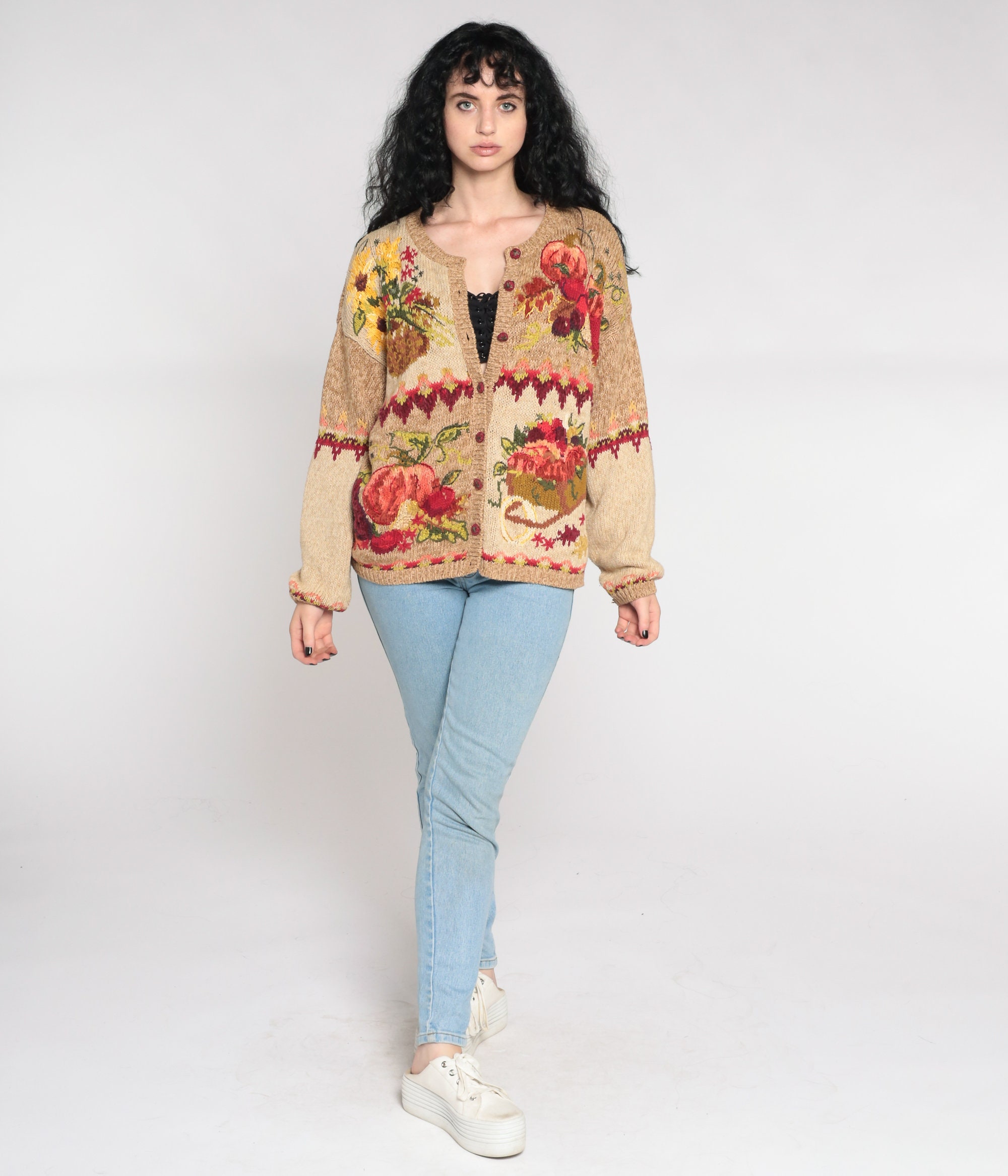 Fall Cardigan Sweater 00s Pumpkin Harvest Sweater Autumn Floral Apple