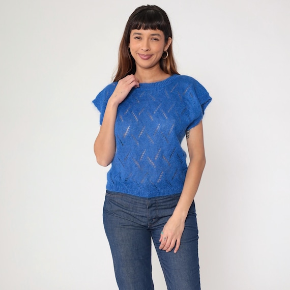 Vintage Sheer Mohair Sweater Top 80s Royal Blue Knit Open Weave Short Cap Sleeve Shirt Boho 1980s Pointelle Bohemian Slouchy Retro Small