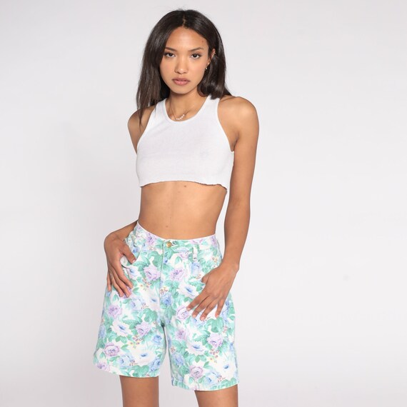 Floral Jean Shorts 90s Denim Shorts Green Purple Jeans Shorts Boho Hippie High Waist Shorts Hipster Vintage 1990s Medium