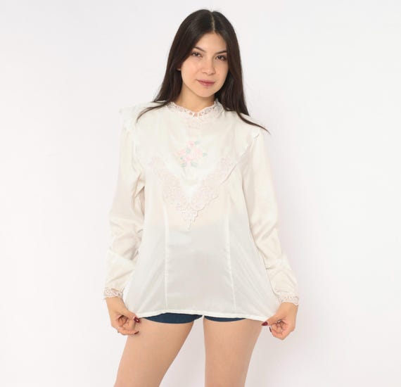 Embroidered Lace Blouse 80s Nicola Floral Bib Yoke High Neck Sheer White Back Button Shirt Puff Sleeve Coquette Feminine Top Medium M