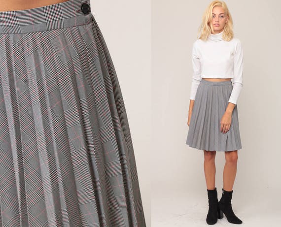 Tartan Skirt Plaid Midi Skirt School Girl PLEATED Black White Houndstooth High Waist 70s Preppy Checkered Vintage Lolita Extra Small xs