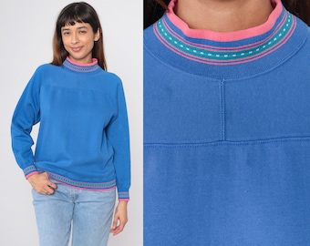 Blue Mock Neck Sweatshirt 90s Pink Ringer Pullover Mockneck Sweatshirt Basic Plain High Collar Solid Long Sleeve Shirt Vintage 1990s Small