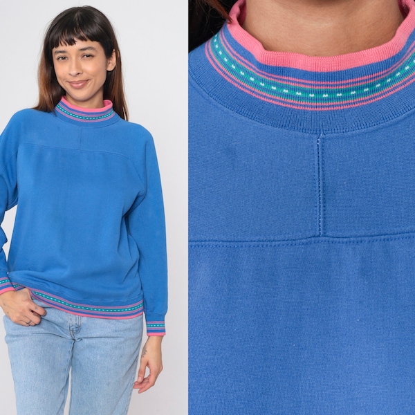 Blue Mock Neck Sweatshirt 90s Pink Ringer Pullover Mockneck Sweatshirt Basic Plain High Collar Solid Long Sleeve Shirt Vintage 1990s Small