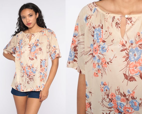 70s Floral Blouse Keyhole Cut Out Top Cream Short Sleeve 1970s Vintage Retro Hippie Bohemian Shirt Polyester Large