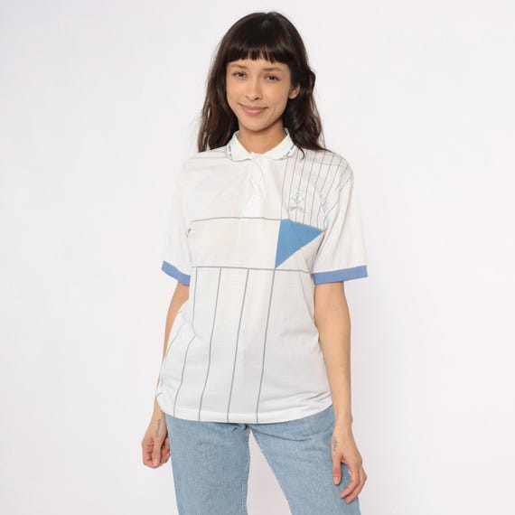 80s Tennis Polo White Blue Stripe Geometric Color Block Preppy Athletic Sporty Collared Button Front Short Sleeve Vintage Top Medium M