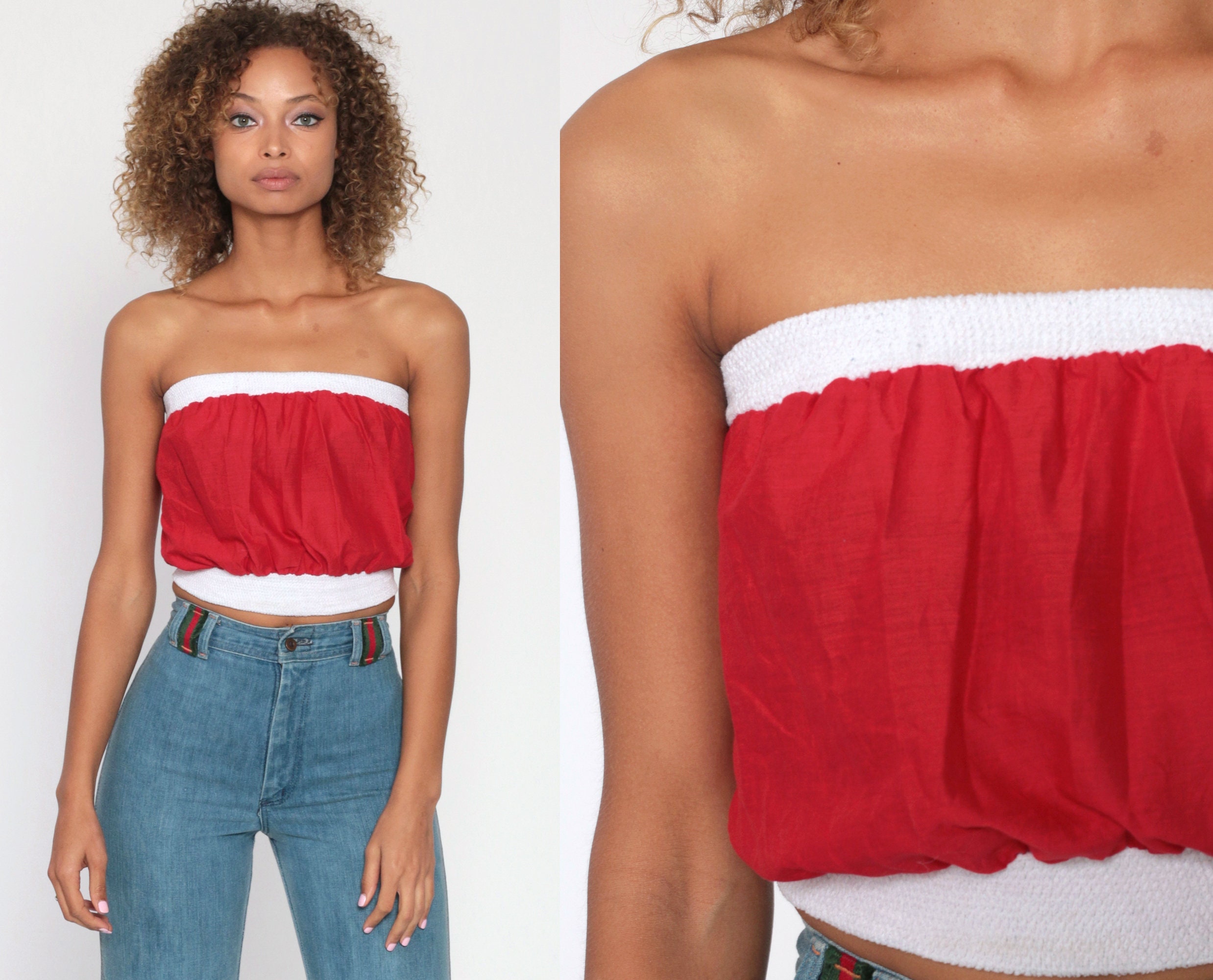 Red Crop Top Strapless Shirt Tube Top 70s Blouse Boho Top Bohemian 80s  Retro Vintage Summer Roller Girl Slouch Extra Small xs s