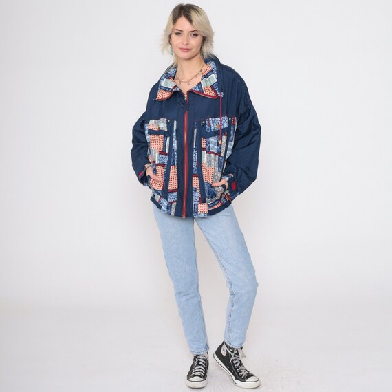 90s Patchwork Windbreaker Blue Zip Up Jacket Geom… - image 3