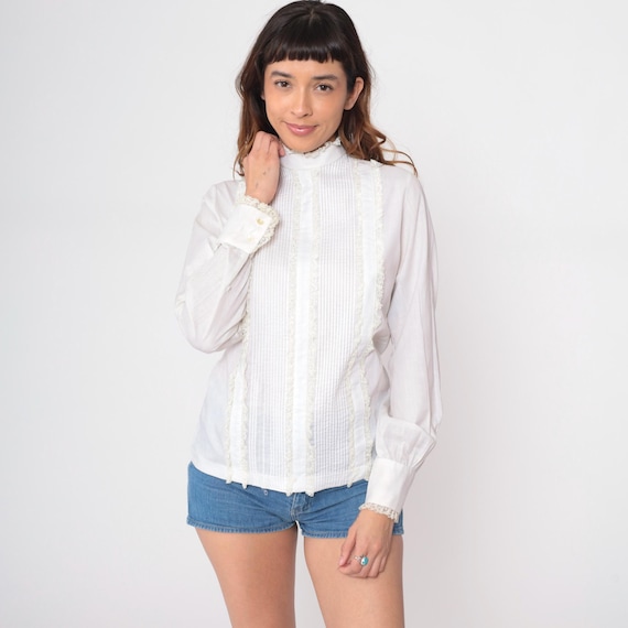 Victorian 70s Blouse White Lace Trim High Neck Long Sleeve Cotton Embroidered Prairie Cottagecore Vintage Turtleneck Ruffle Cuff Small S