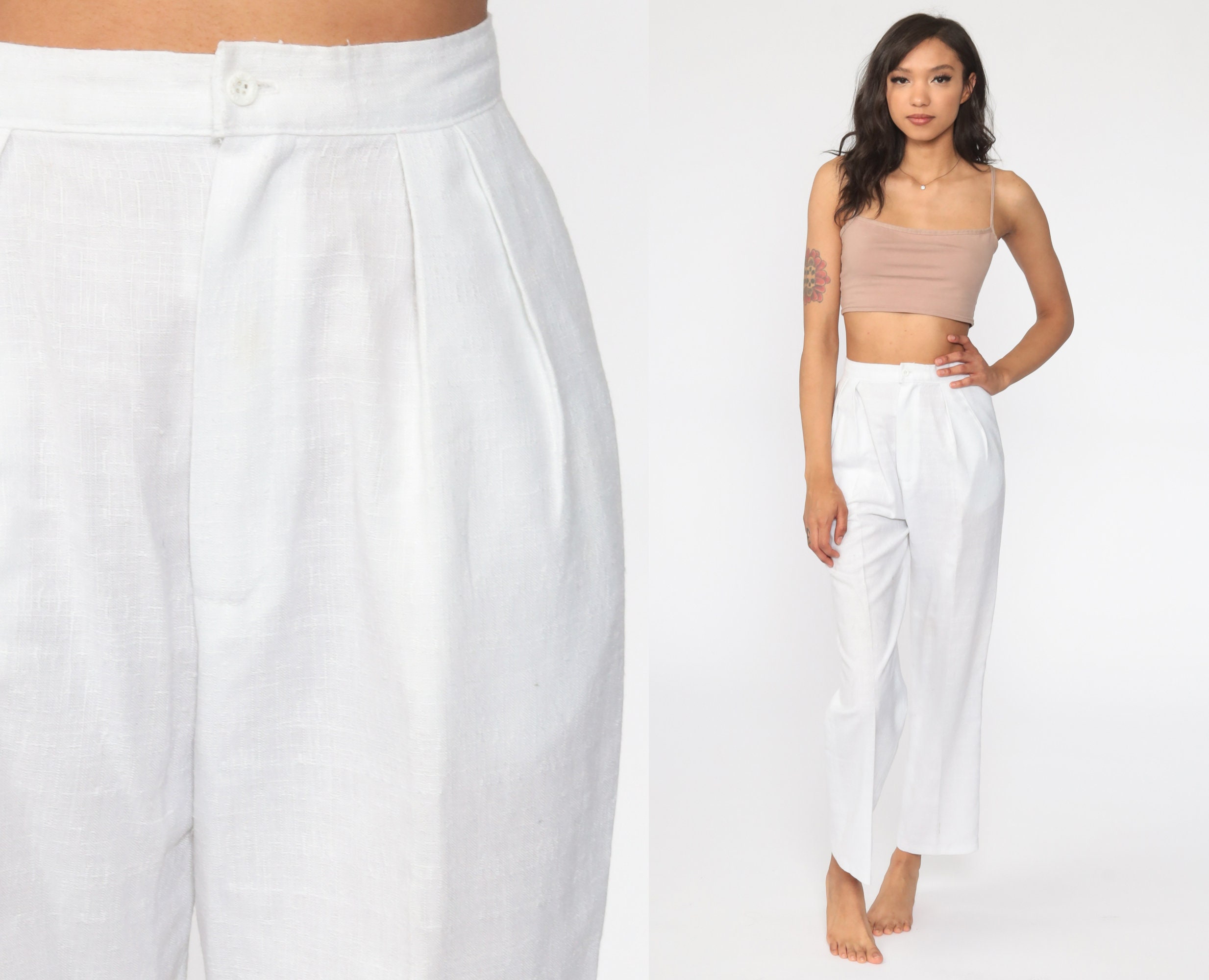 White Straight Leg Pants Pleated Trousers High Waisted Trousers 80s Tapered  1980s Vintage Summer Slacks Extra Small Xs 24 -  Canada