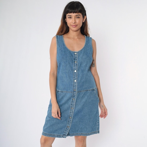 Vintage Denim Jumper Dress 90s Y2K Button up Mini Dress Blue Jean Retro Scoop Neck Sleeveless Pinafore Low Armhole Pocket 00s Large 12