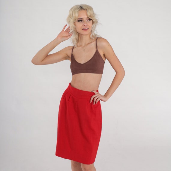Red Pencil Skirt 80s Mini Skirt High Waisted Preppy Wiggle Pleated Plain Simple Classic Chic High Waist Retro Secretary Vintage 1980s Small