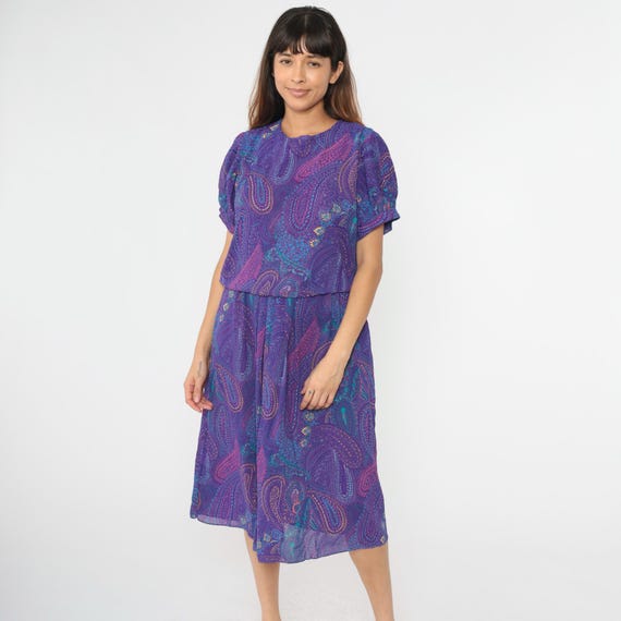 80s Purple Paisley Dress Blouson Midi Dress Short Puff Sleeve Dress High Waist 1980s Vintage Slouchy Medium Large