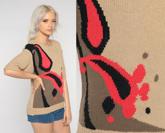 Paisley Knit Shirt 80s Tan Sweater Top Retro Boho Short Sleeve Abstract Hippie Hipster Bohemian Streetwear Red Vintage 1980s Acrylic Small S
