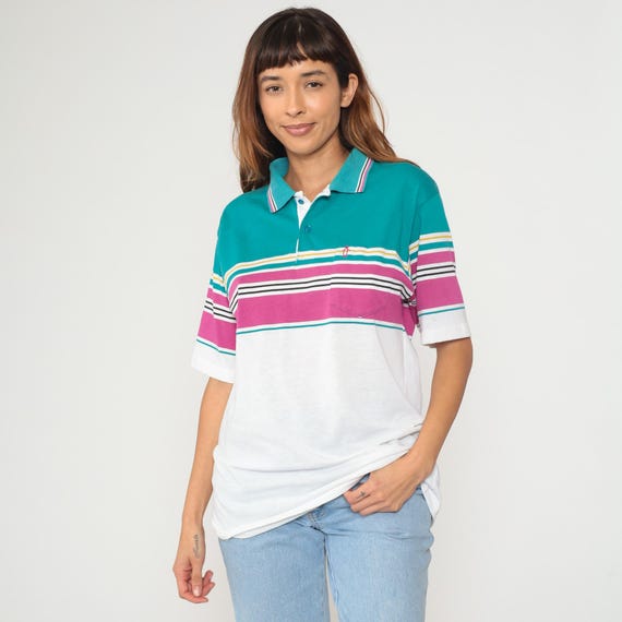 Striped Polo Shirt 80s Collared T-shirt White Teal Quarter Button Up Preppy Casual Chest Pocket Vintage 1980s Penguin Purple Medium