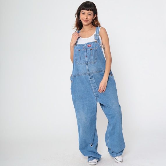 Men's Dickies Overalls 00s Blue Denim Bib Overall Pants Baggy Dungarees Workwear Jean Utility Carpenter Relaxed Fit Vintage 00s 44 x 30