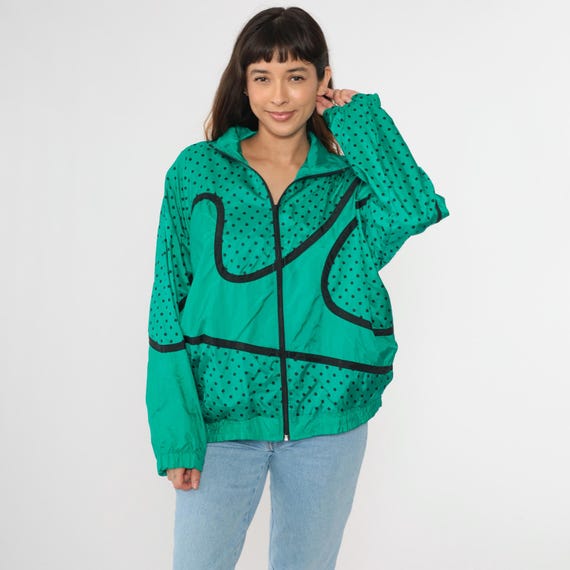 90s Windbreaker Jacket Green Polka Dot Lightweight Zip Up Geometric Vintage Shiny Nylon 1990s Oversized Medium M