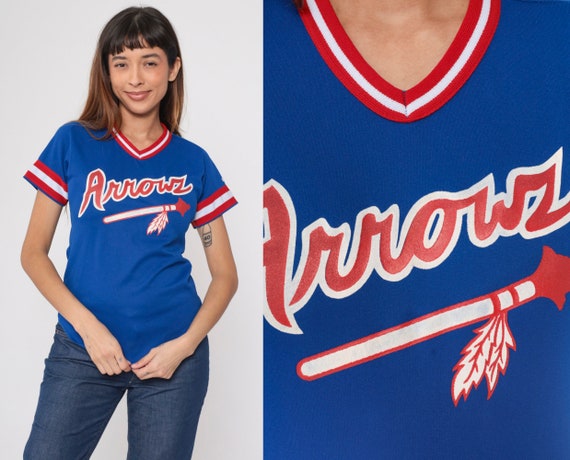 80s Wilson Arrows Baseball Jersey Vintage #24 Blue Red and White Striped Short Sleeves Ringer V Neck 1980s Athletic Shirt Youth Medium