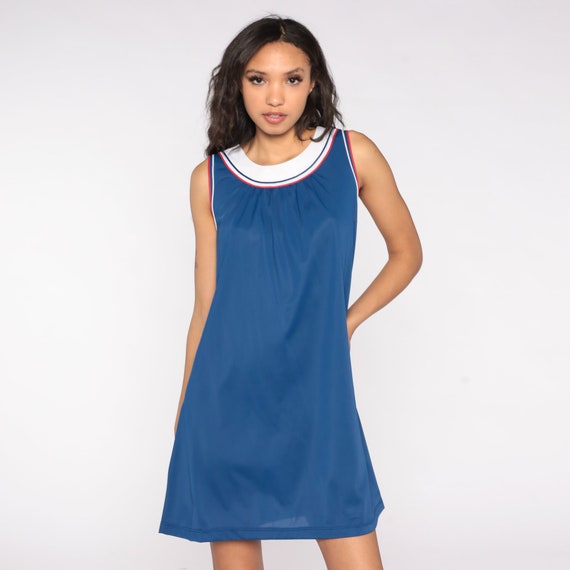 70s Pajama Dress Blue Striped Nightgown House Dress Mini Tent Loungewear Shift Vintage Nightie 1970s Lounge Sleeveless Minidress Large L