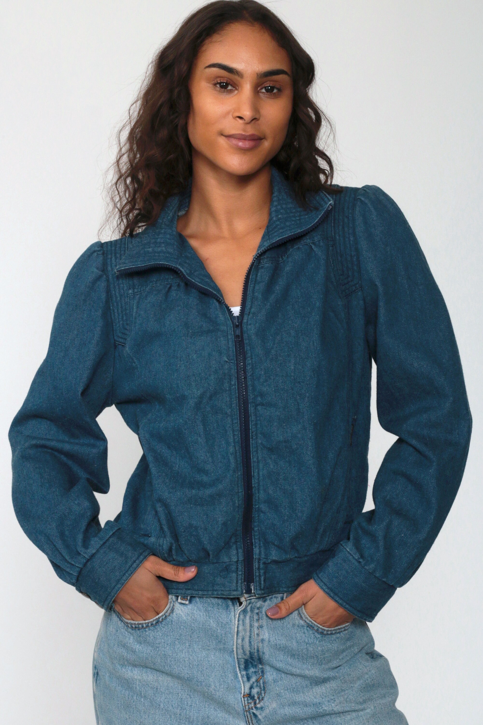 80s Denim Jacket Puff Sleeve Jacket ZIP UP Jean Jacket ...