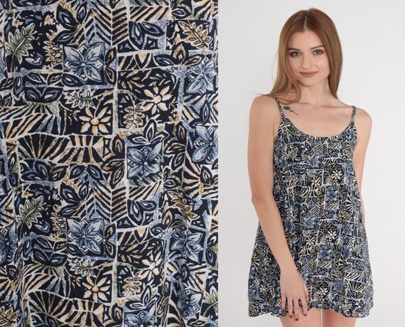 Tropical Tank Top 90s Tunic Top Geometric Floral Stamp Print Sleeveless Summer Blouse Hippie Shirt Navy Blue Jungle Vintage 1990s Small S