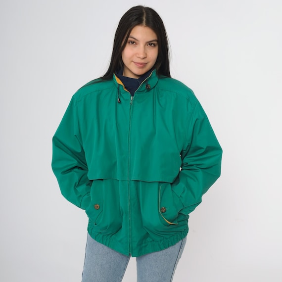 90s London Fog Green Winter Jacket Zip Front Nylon Windbreaker Elastic Hem Stand Collar Fit Pockets Navy Gold Lining Outdoor Medium M