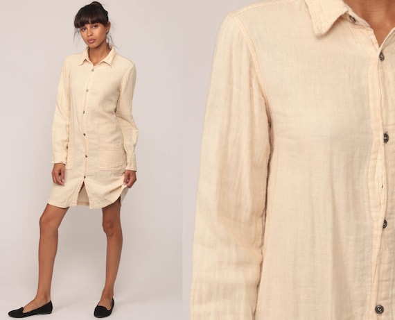 Cotton Tunic Dress Button Up Dress Cream Grunge Mini 90s Shirtdress Boho Shirt Dress Bohemian 1990s Vintage Long Sleeve Shift Extra Small xs