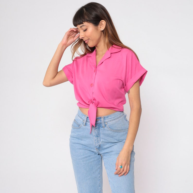 Bright Pink Crop Top 90s Tie Waist Cropped Blouse Plain Short Cuffed Sleeve Shirt Collared Button Up Shirt Normcore Vintage Medium image 5