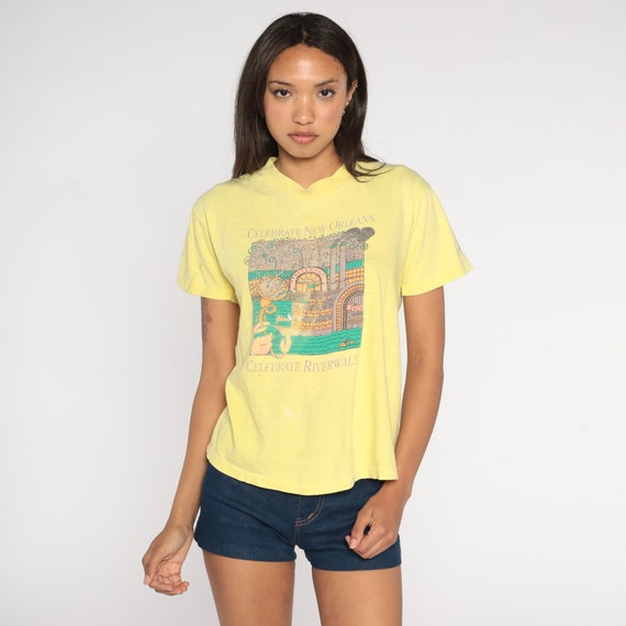 90s New Orleans T Shirt Celebrate Riverwalk Distressed Souvenir Tourist River Walk Steamboat Vintage 1990s Yellow Crewneck Extra Large xl