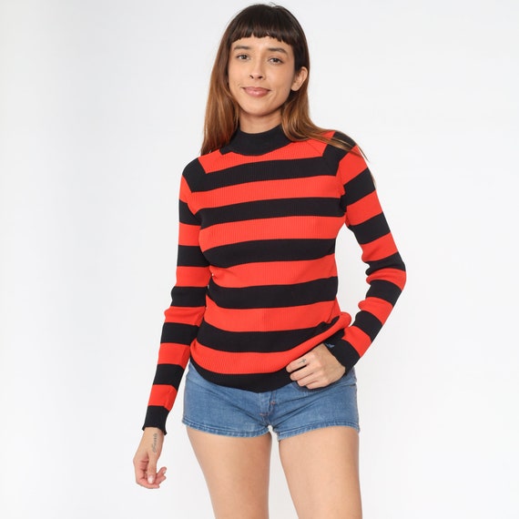 Red Striped Sweater 70s Mock Neck Sweater Black Knit Pullover Sweater Ribbed Raglan Sleeve 1970s Bohemian Hippie Vintage Tight Small Medium