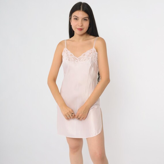 Pink Slip Dress 70s Floral Lingerie Nightgown Midi Full Slip V Neck Empire Waist Spaghetti Strap Pastel Boudoir Vintage Small Medium 34