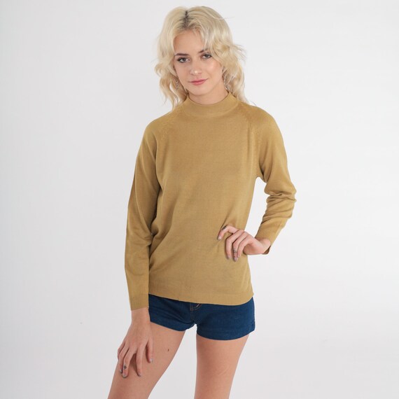 Mustard Yellow Sweater 70s Knit Sweater Lightweight Mock Neck Sweater Raglan Sleeve Pullover Jumper Plain 1970s Vintage Medium