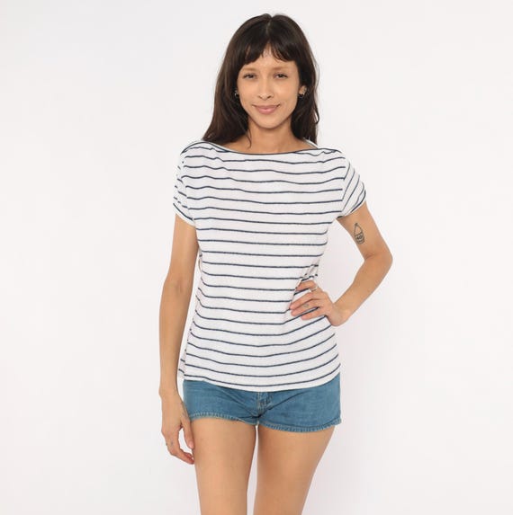 80s Striped Boat Neck Top White Navy Blue Horizontal Stripe Tee Nautical Short Sleeve Knit Shirt Ivory Sailor Preppy Vintage Large L