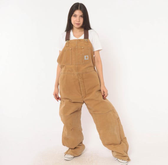 Carhartt Quilted Overalls Tan Duck Canvas Bib Double Knee Insulated Workwear Dungarees Brown Lined Carpenter 80s Cotton Extra Large XXL