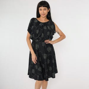 Vintage 70s Floral Dress Black Midi Dress Split Flutter Sleeve Boho Dress High Waisted Bohemian Summer Garden Party 1970s Small