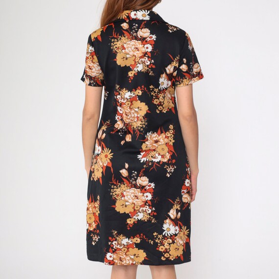 Black Floral Shift Dress 60s 70s Mod Midi Knee Le… - image 7