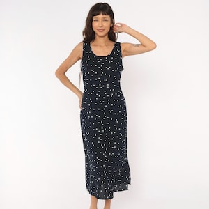 Navy Polka Dot Sundress 90s Sleeveless Midi White Spotted Dark Blue Summer Vacation Casual Tank Scattered Dot Pattern Vintage Medium M