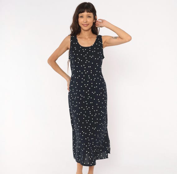 Navy Polka Dot Sundress 90s Sleeveless Midi White Spotted Dark Blue Summer Vacation Casual Tank Scattered Dot Pattern Vintage Medium M