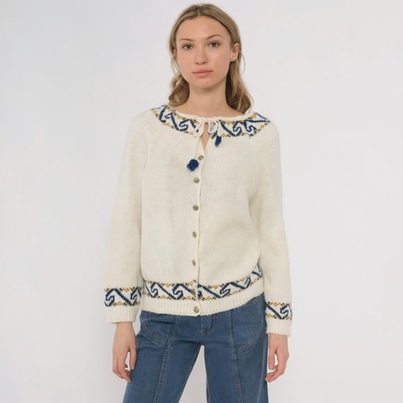 70s Folk Cardigan Cream Nordic Sweater Blue Gold Pattern Vintage Scandinavian Knit Button Front Tie Front Ethnic Acrylic Tassel Medium M