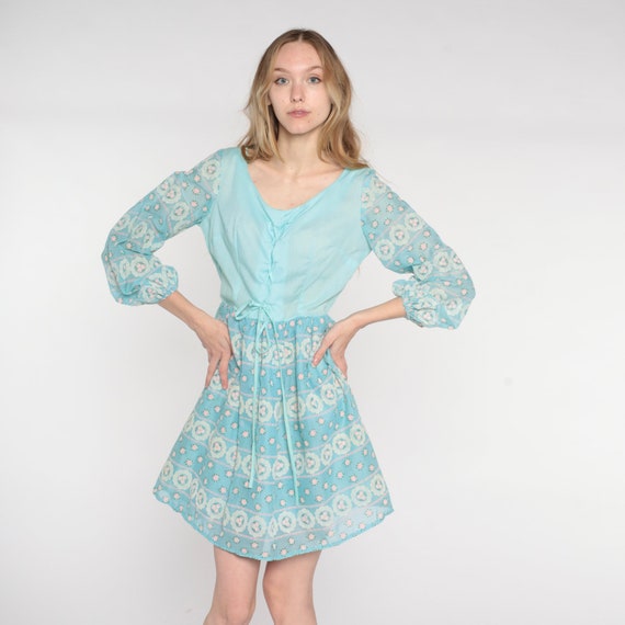 Vintage 70s Peasant Dress Baby Blue Floral Mini Dress Boho Hippie Prairie Lace Up Corset Cottagecore High Waisted Bohemian Day 1970s Medium