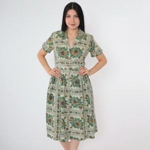 Vintage 50s Green Floral Dress Button Up Shirt Dress Full Skirt Short Sleeve Shirtdress Day Mid Century Garden Party Small