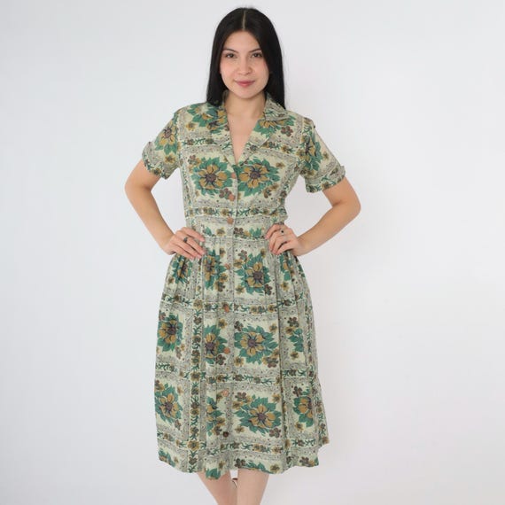 Vintage 50s Green Floral Dress Button Up Shirt Dress Full Skirt Short Sleeve Shirtdress Day Mid Century Garden Party Small