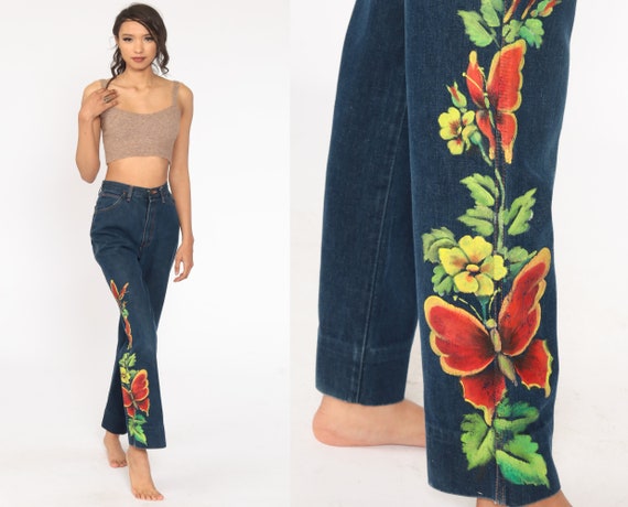 Painted Wrangler Jeans 26 -- Butterfly Floral Jeans High Waisted Straight Leg Hippie Boho 70s Denim Pants Blue Western Bohemian Small 26