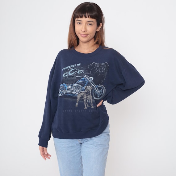 90s Biker Sweatshirt Navy Blue Bulldog Dog Graphic Pullover Motorcycle Crewneck Streetwear Style Cotton Blend Vintage Medium M