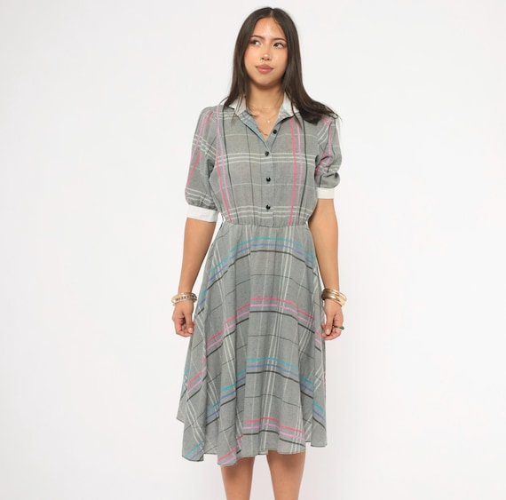 80s Plaid Shirtdress Grey Pink Collar Cotton Puff Sleeve Fit Flare Check Pattern Cuffed Academic Preppy Collegiate Vintage Frock Small S