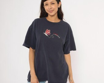 Freedom Butterfly Embroidered Tee 90s Navy Blue Patriotic Cotton Shirt Americana Stars Boxy Fit Dark Slate Top Vintage Extra Large XL