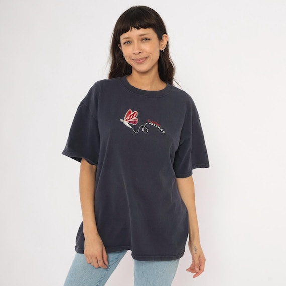 Freedom Butterfly Embroidered Tee 90s Navy Blue Patriotic Cotton Shirt Americana Stars Boxy Fit Dark Slate Top Vintage Extra Large XL