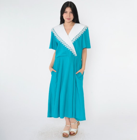 80s Turquoise Midi Dress V Neck Blue Wrap Dress Short Sleeve High Waisted Midi White Lace Collar Secretary Dress 1980s Vintage Large L