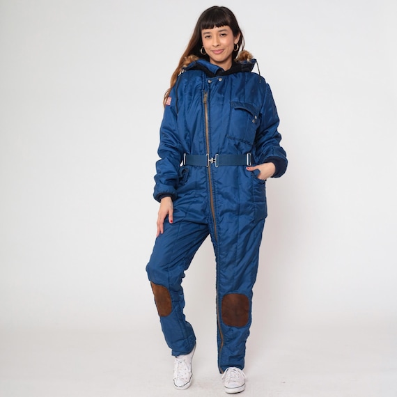 80s Ski Suit Blue Snowsuit Fur Hood Winter Jumpsuit Insulated Suede Knee Patches American Flag Gorpcore Vintage Outdoor Skiing Mens Medium M